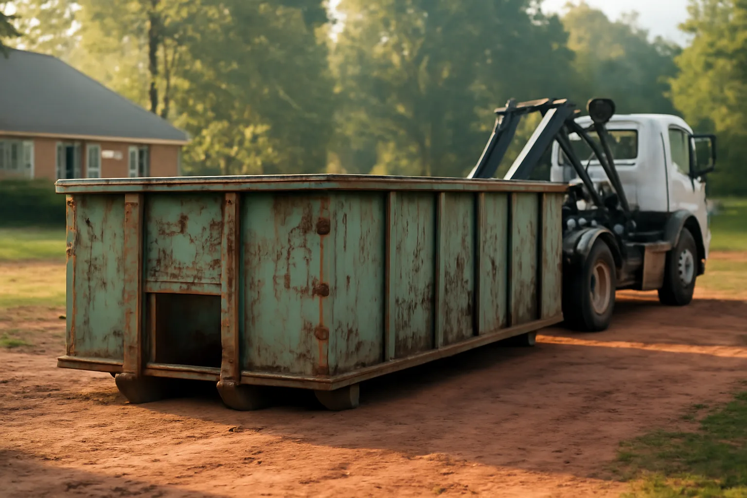 Weathered roll-off dumpster on a red clay Alabama residential lot at sunrise.