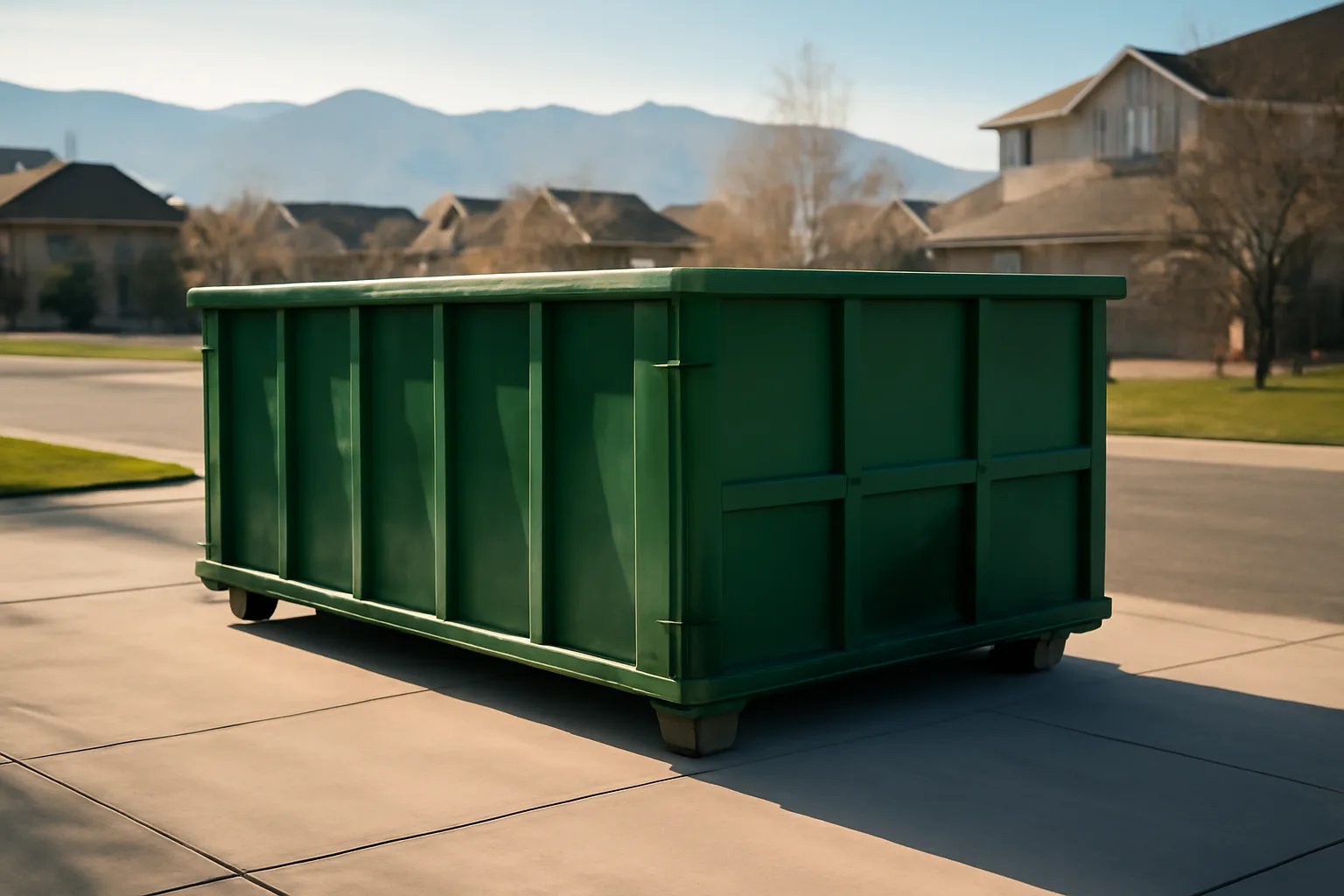 Green roll-off dumpster on a suburban Colorado driveway with mountains in the background
