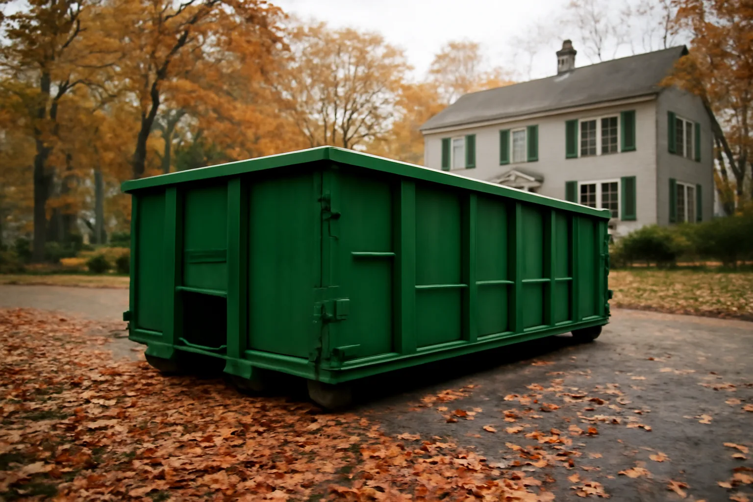 Green roll-off dumpster in a Connecticut residential driveway on an overcast autumn day