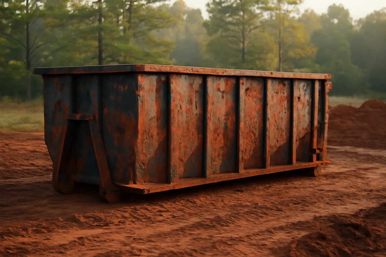 Roll-off dumpster on red Alabama clay with pine trees in the background