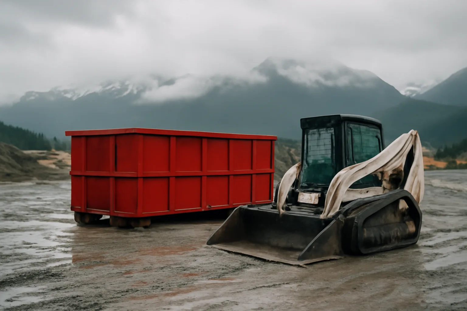red 20-yard roll-off dumpster on muddy Alaska construction site, Chugach Mountains behind