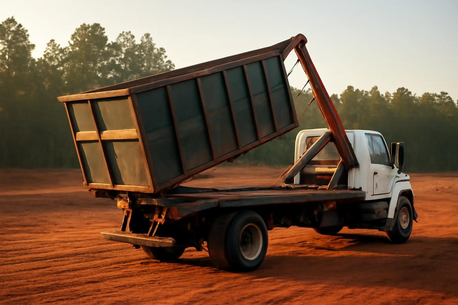Roll-off dumpster loaded onto truck at Alabama landfill with red clay and pines.
