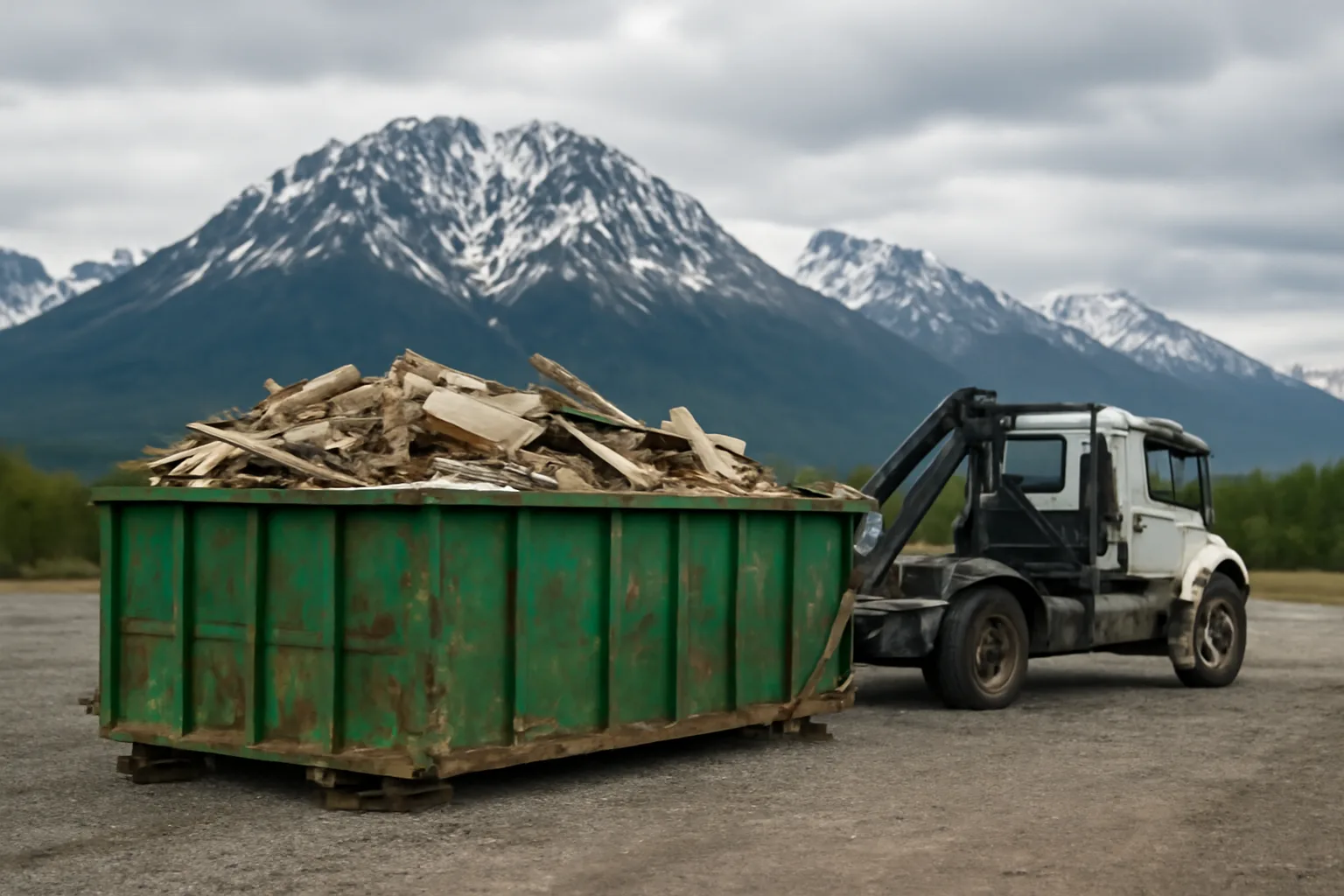 Roll-off dumpster and truck on gravel lot in Anchorage, Alaska with mountains behind