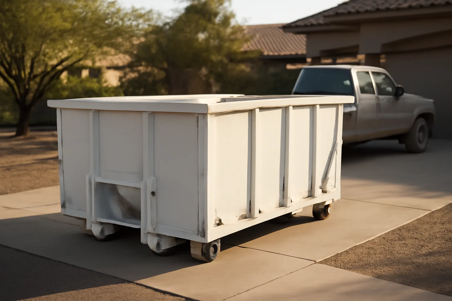 White roll-off dumpster on Arizona driveway with pickup truck behind it.