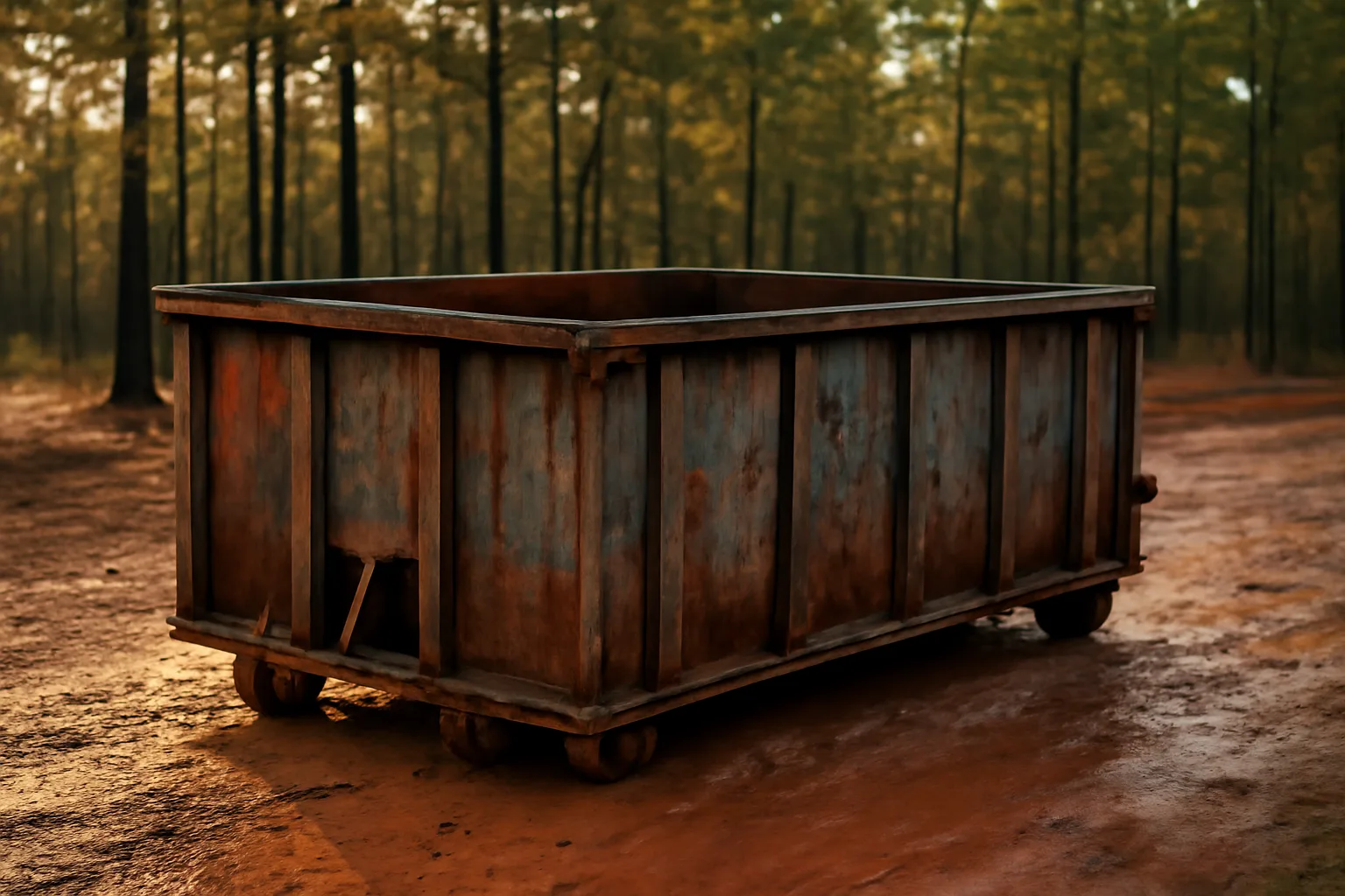 Empty steel roll-off dumpster on clay beside Arkansas pines after rain