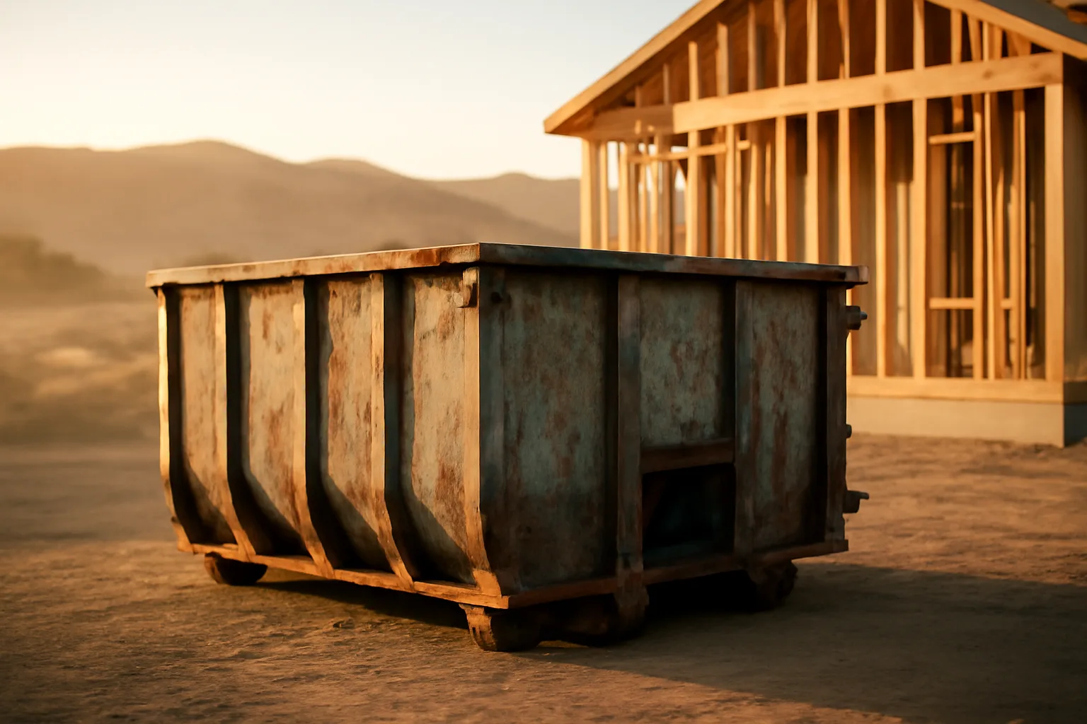 Steel roll-off dumpster beside a California house under construction at sunrise