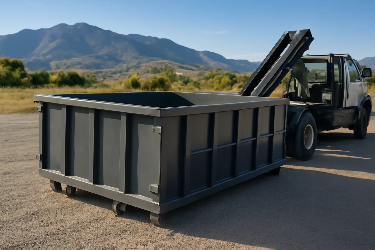 Roll-off dumpster container on gravel lot with Colorado mountains in background