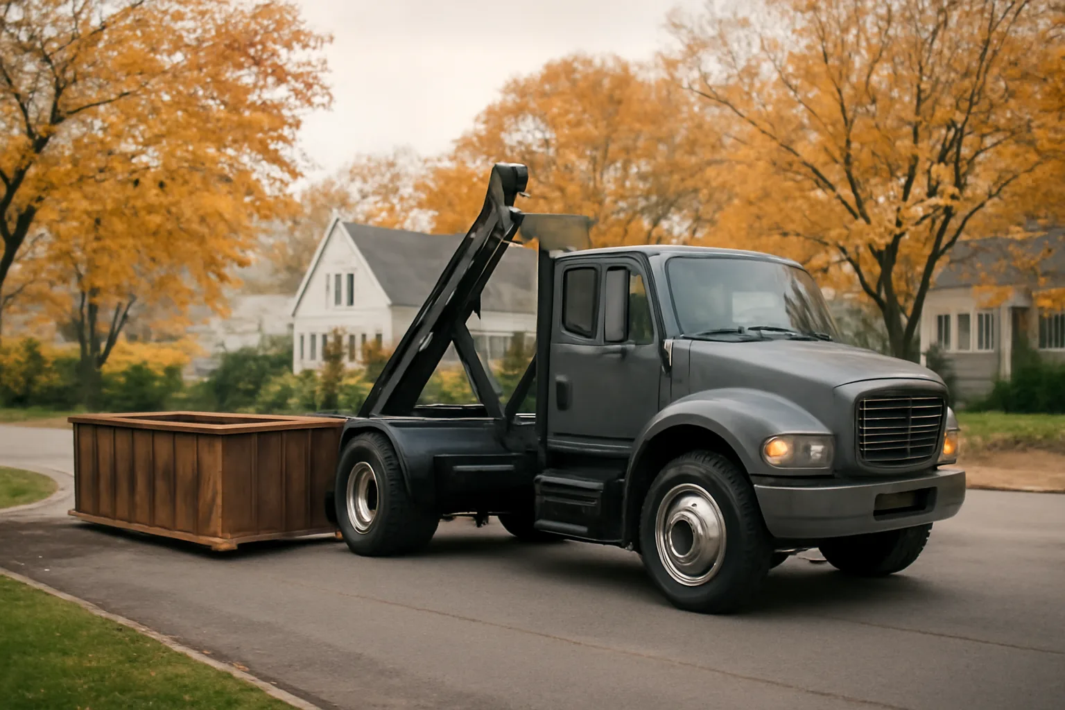 Roll-off hook-lift truck and empty dumpster container on a Connecticut residential street in autumn