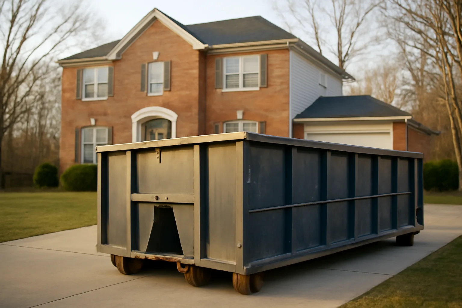 Steel roll-off dumpster parked in a residential driveway in Delaware