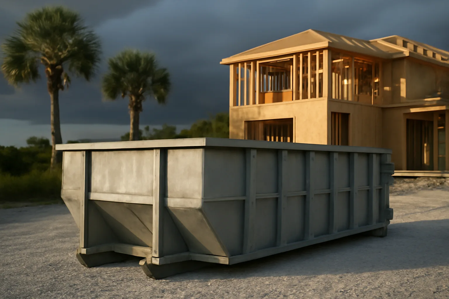 Empty steel roll-off dumpster beside a Florida house under construction