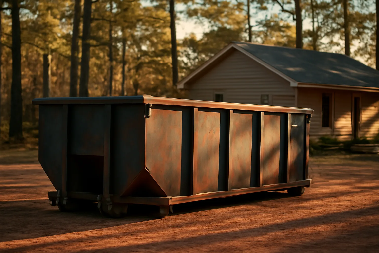 Unmarked steel roll-off dumpster on red clay in rural Georgia