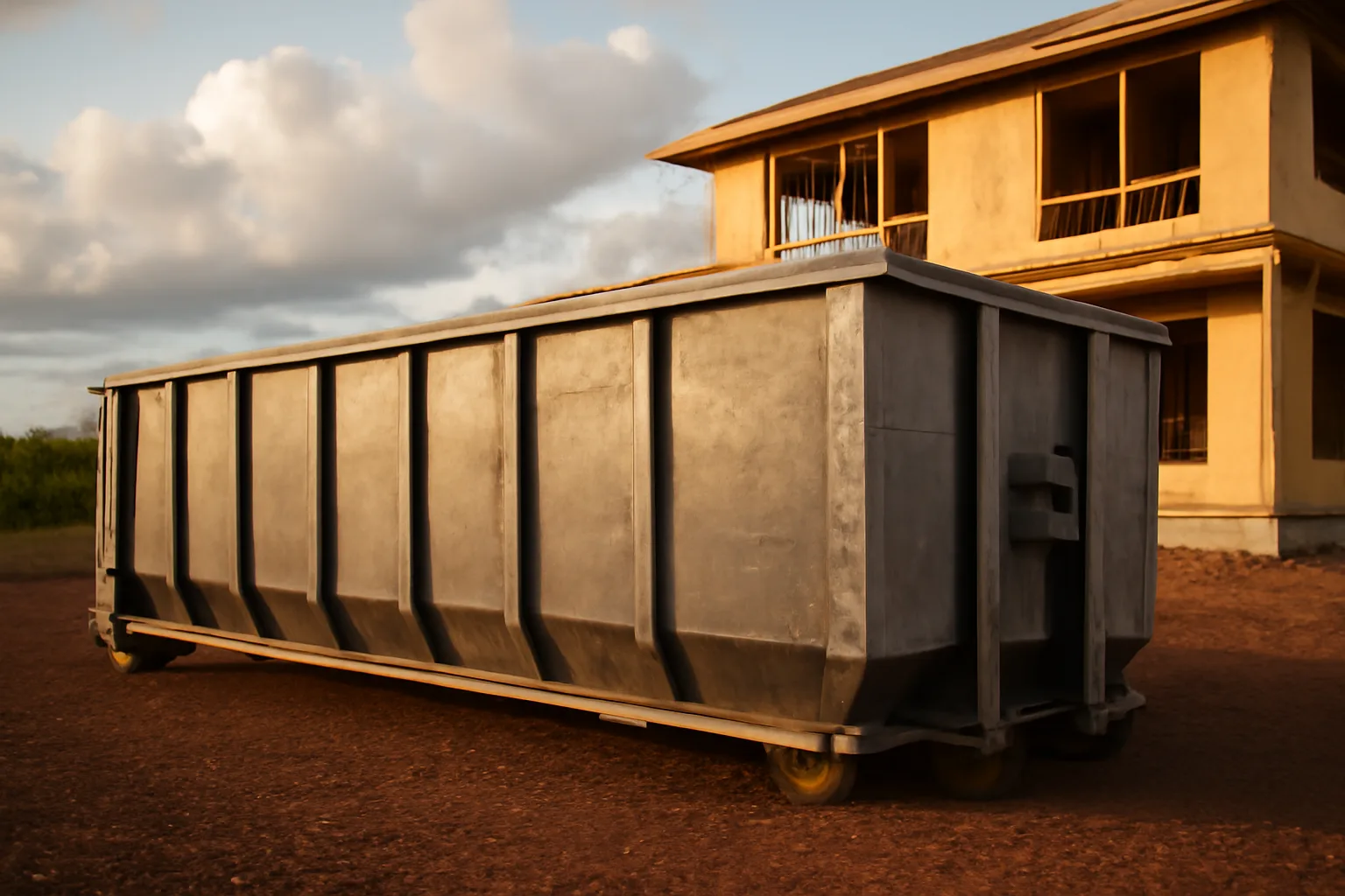 Empty steel roll-off dumpster on gravel at an Oahu jobsite