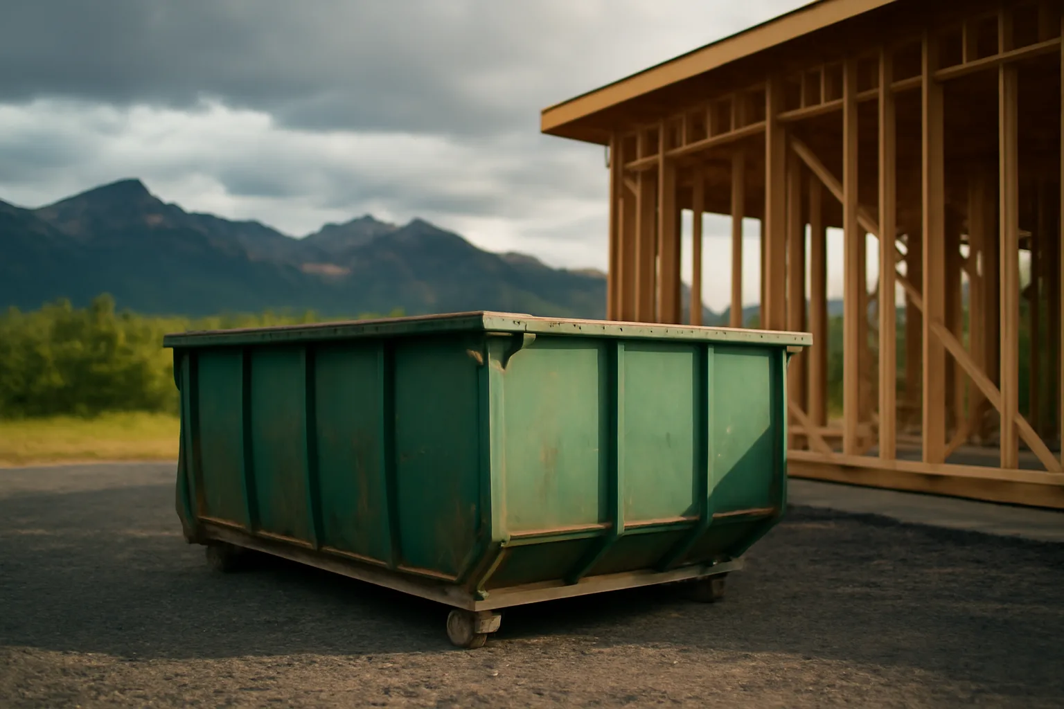 Roll-off dumpster on a construction site in Alaska with mountains in the background
