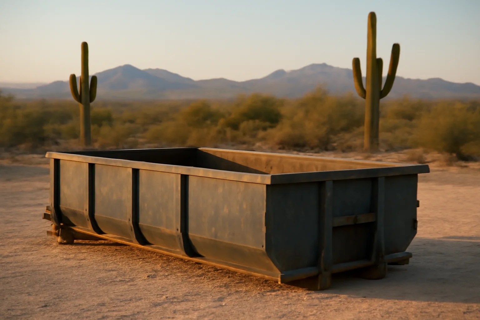 Unmarked roll-off dumpster on an Arizona desert jobsite at sunrise