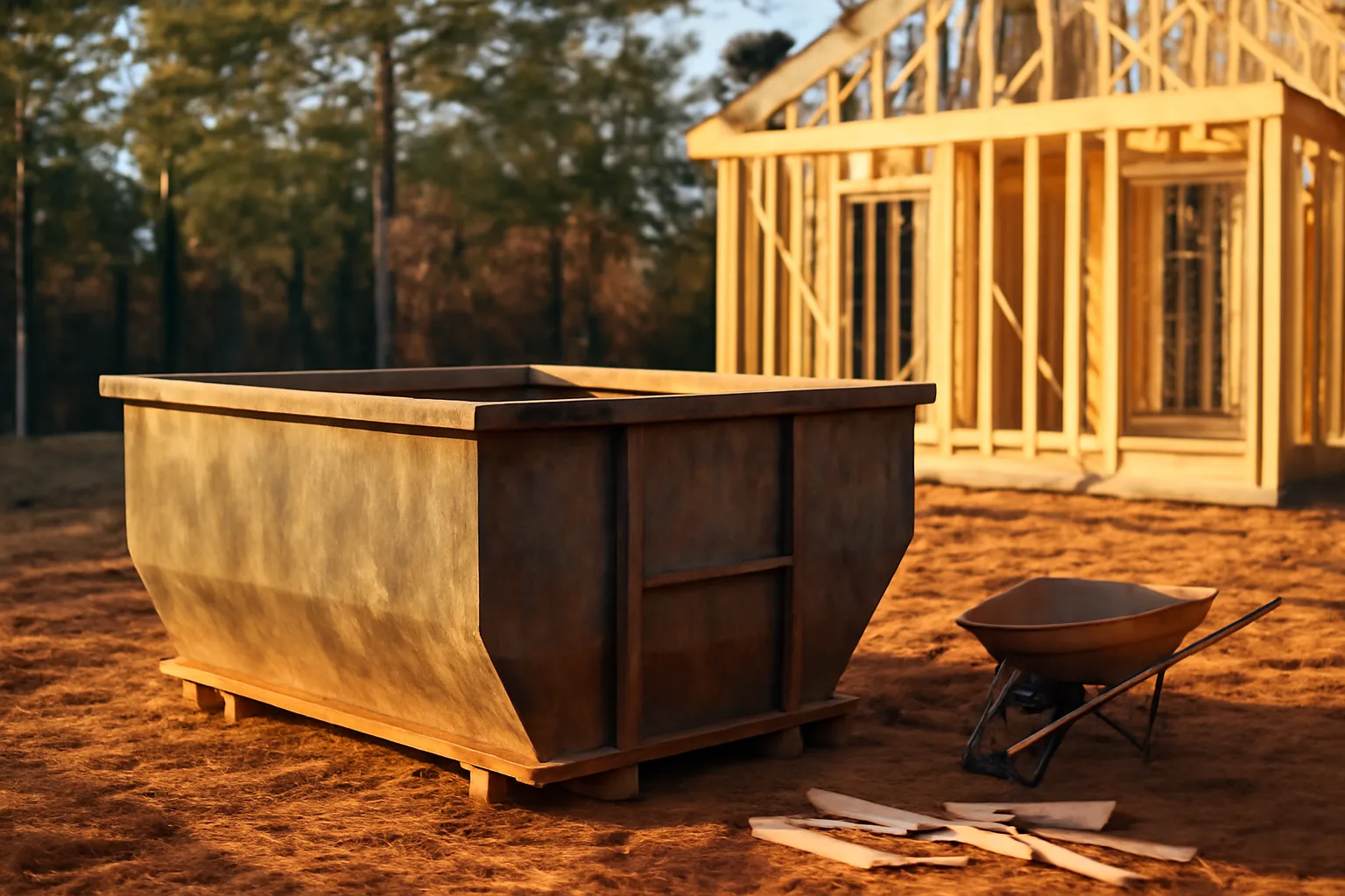 Unmarked steel roll-off dumpster on clay beside an Arkansas house frame