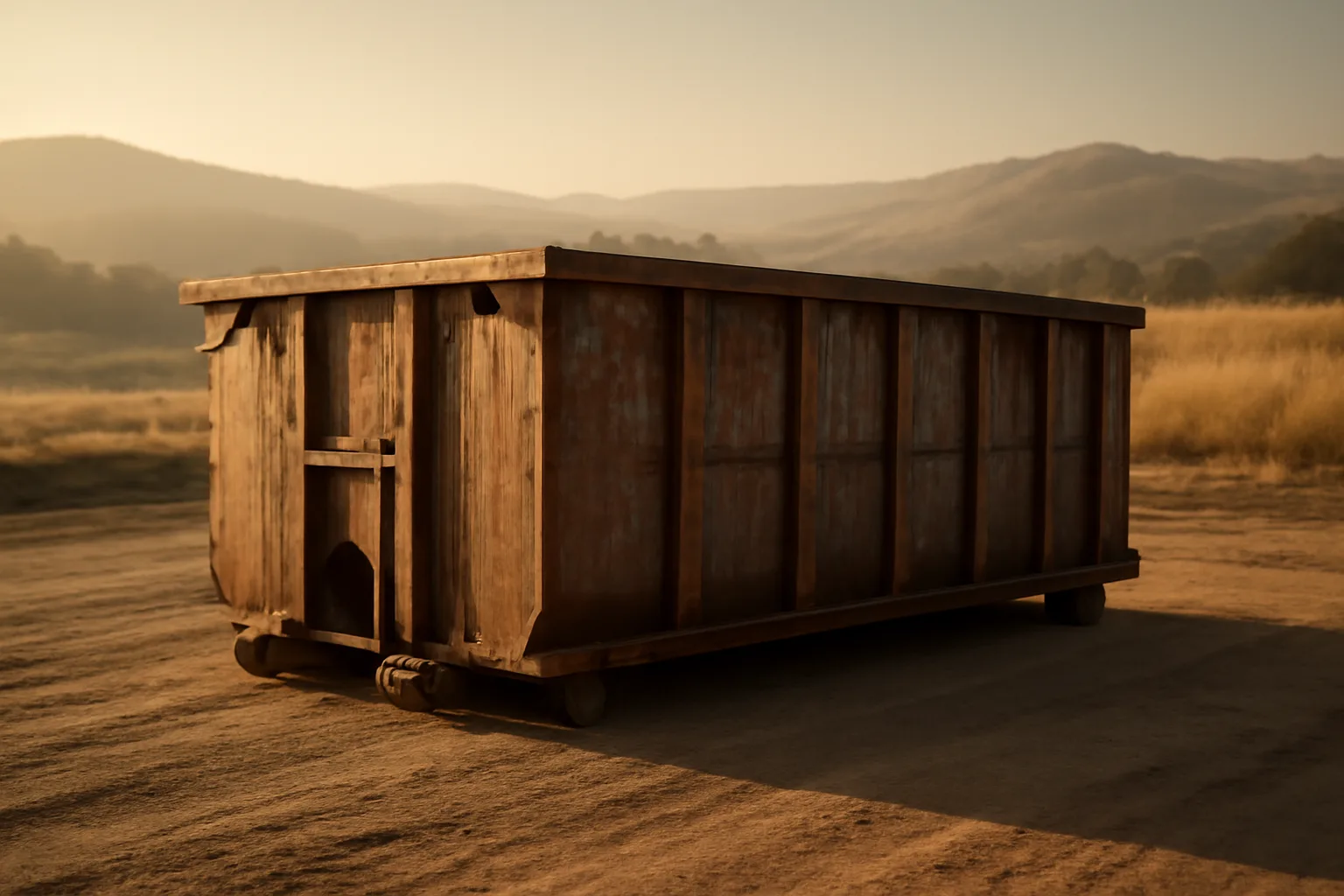 Empty steel roll-off dumpster on a dusty California job site