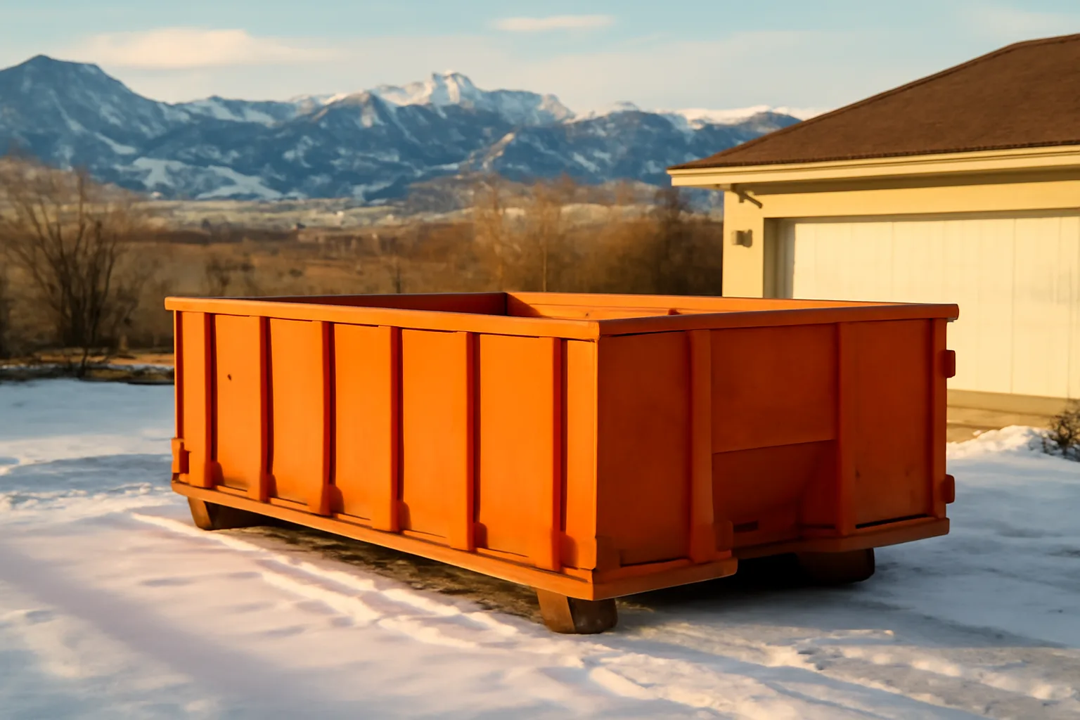 Orange roll-off dumpster in a snowy Colorado foothills driveway in winter light