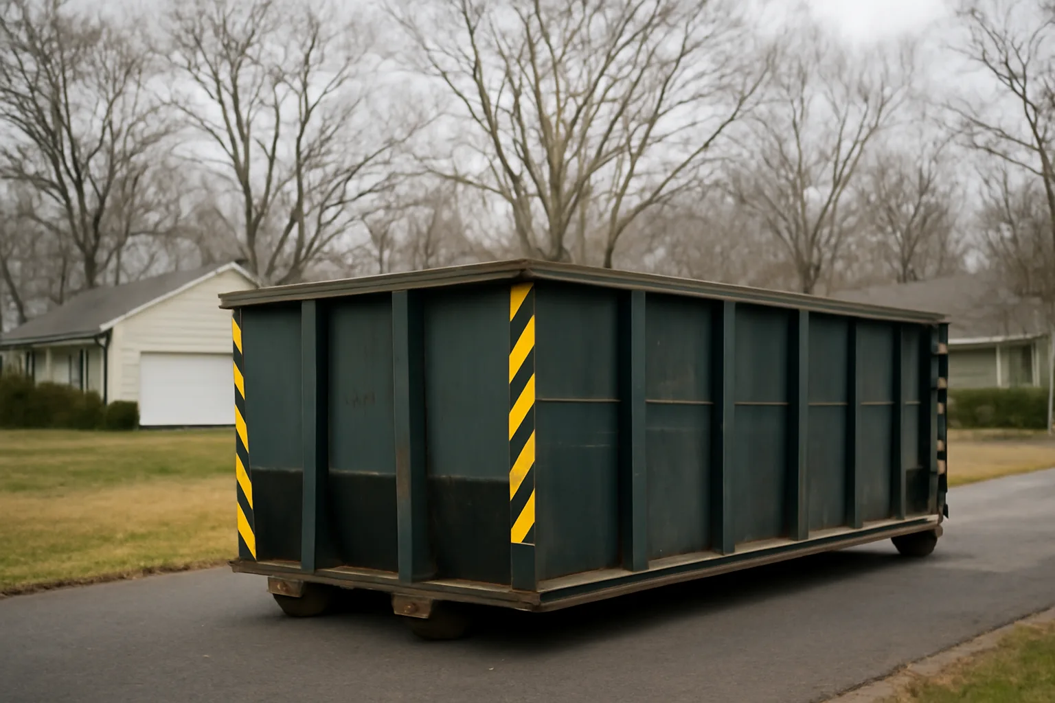 Roll-off dumpster parked in a Connecticut suburban driveway on an overcast morning