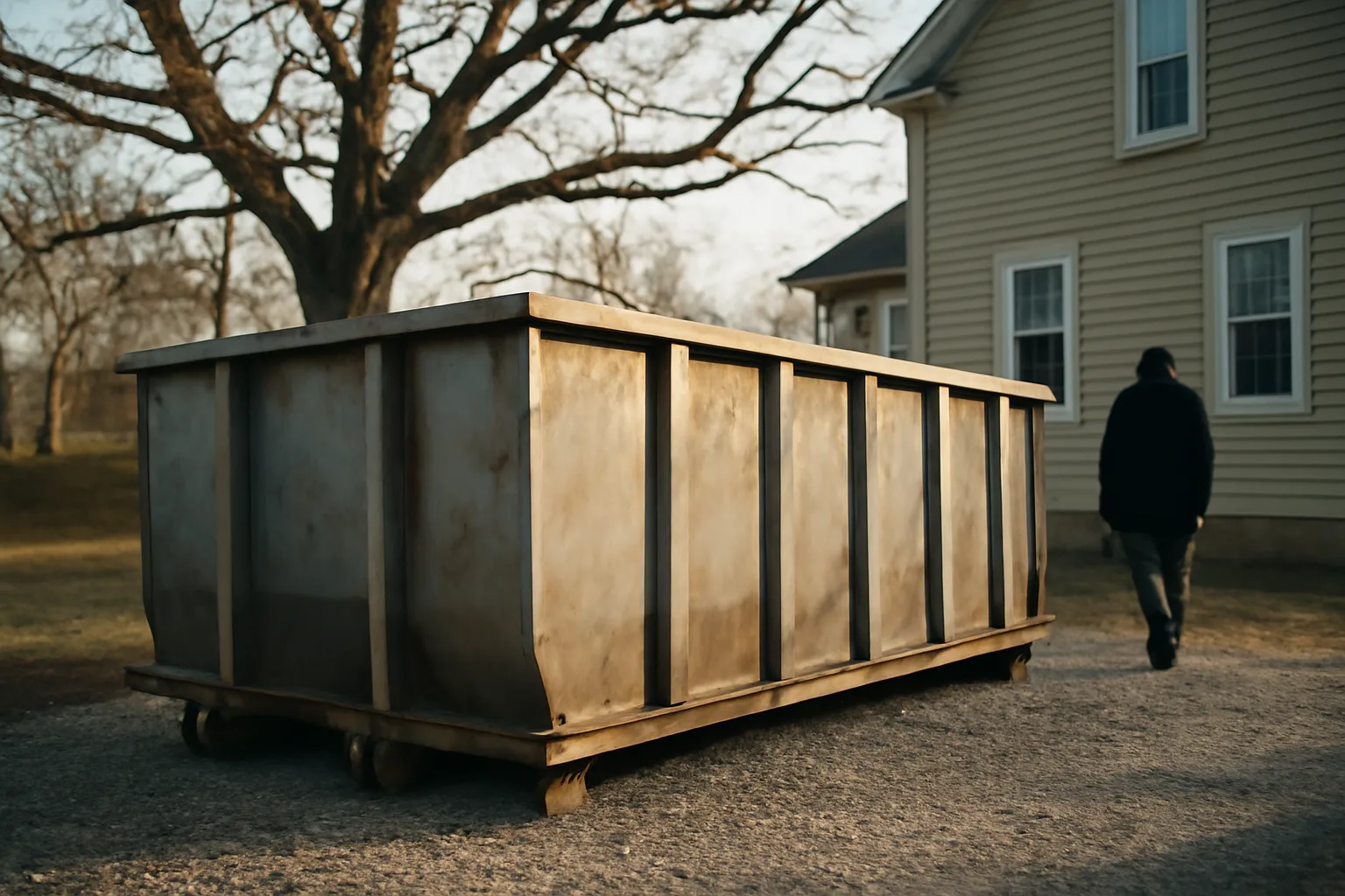 Unmarked roll-off dumpster beside a clapboard house in Delaware winter light