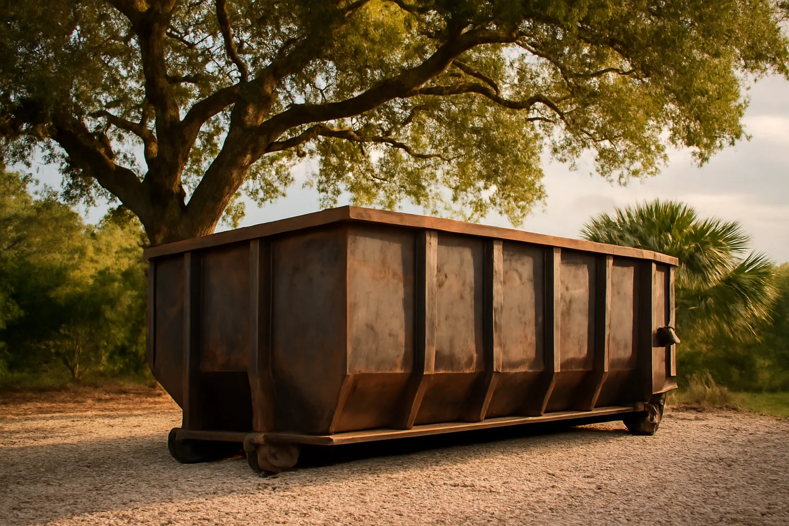 Empty steel roll-off dumpster under live oaks in Florida