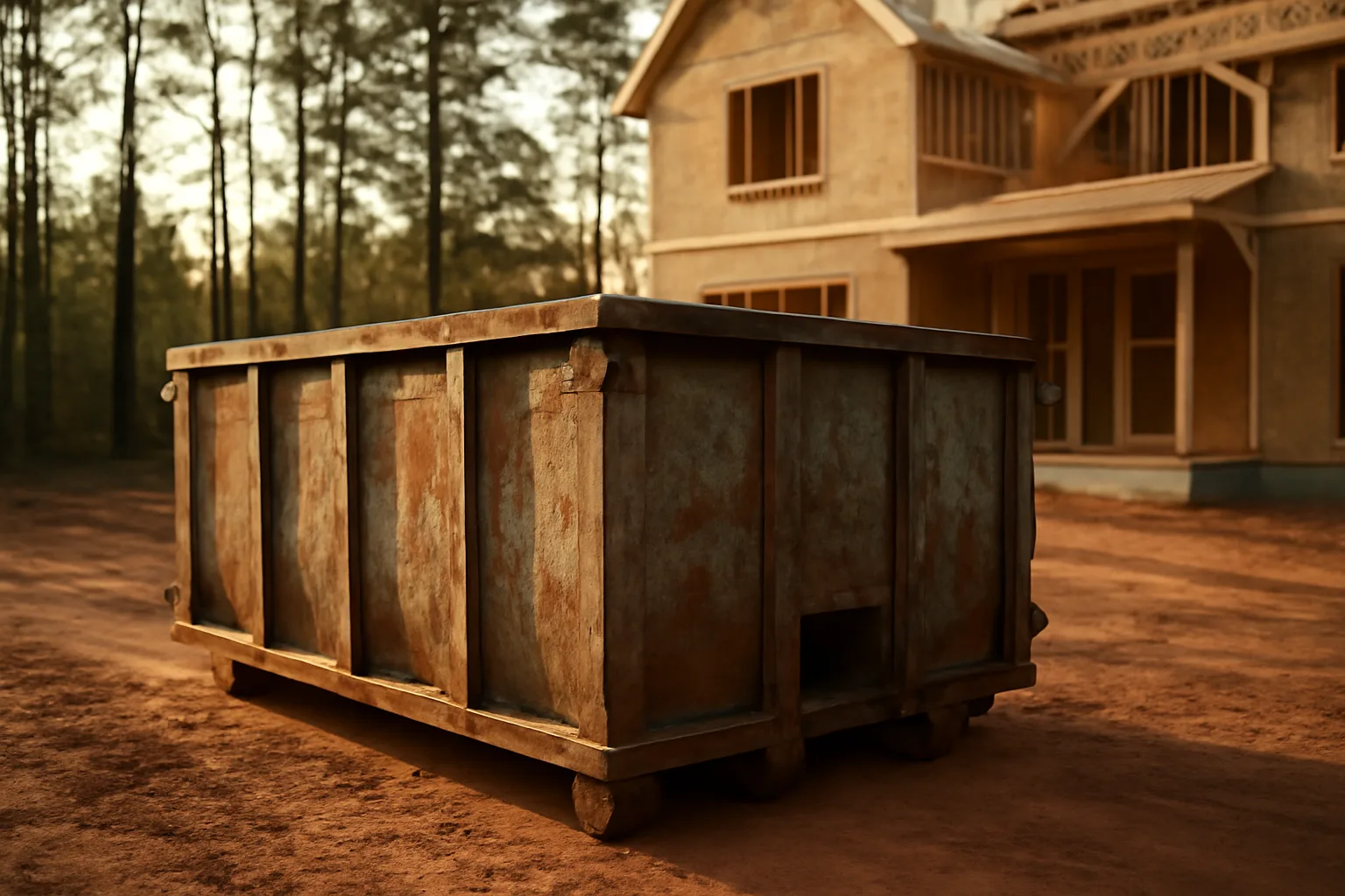 Empty roll-off dumpster on red clay at a Georgia house site