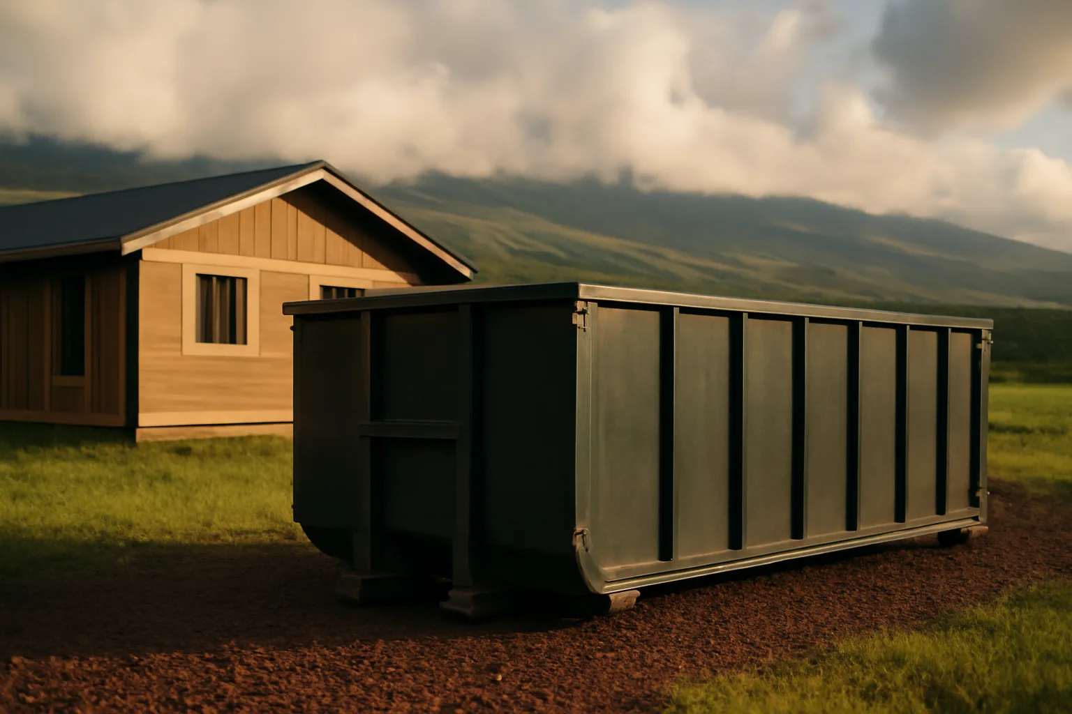 Unlettered roll-off dumpster on red gravel near a Hilo rebuild