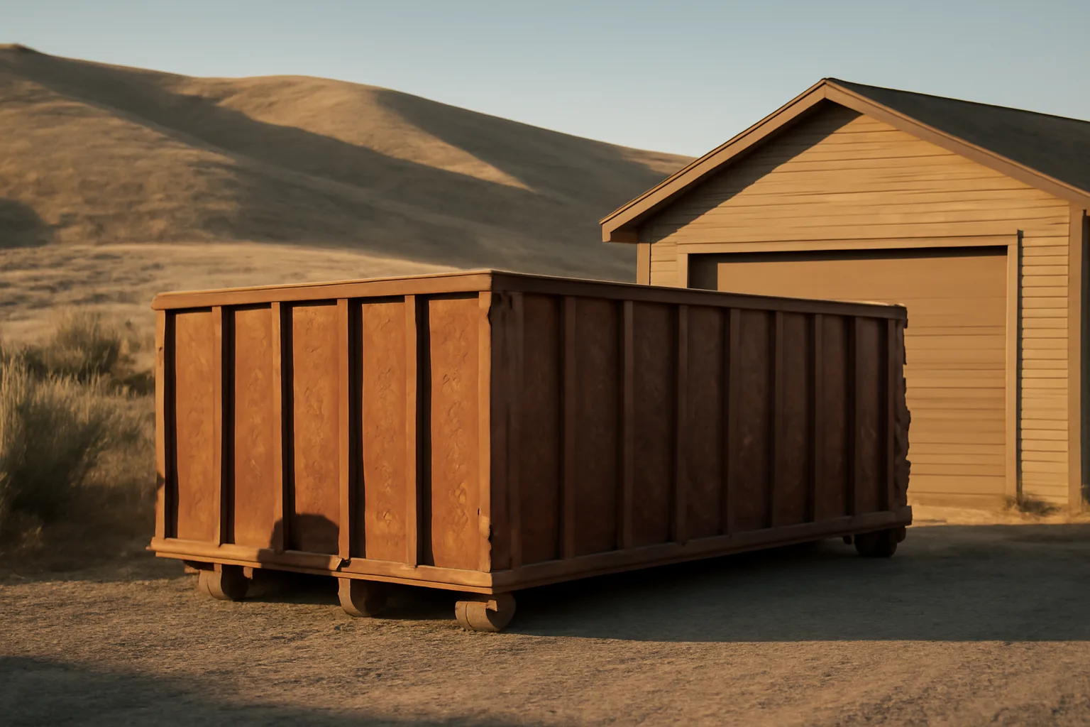 Weathered roll-off dumpster on gravel beside a garage in Idaho