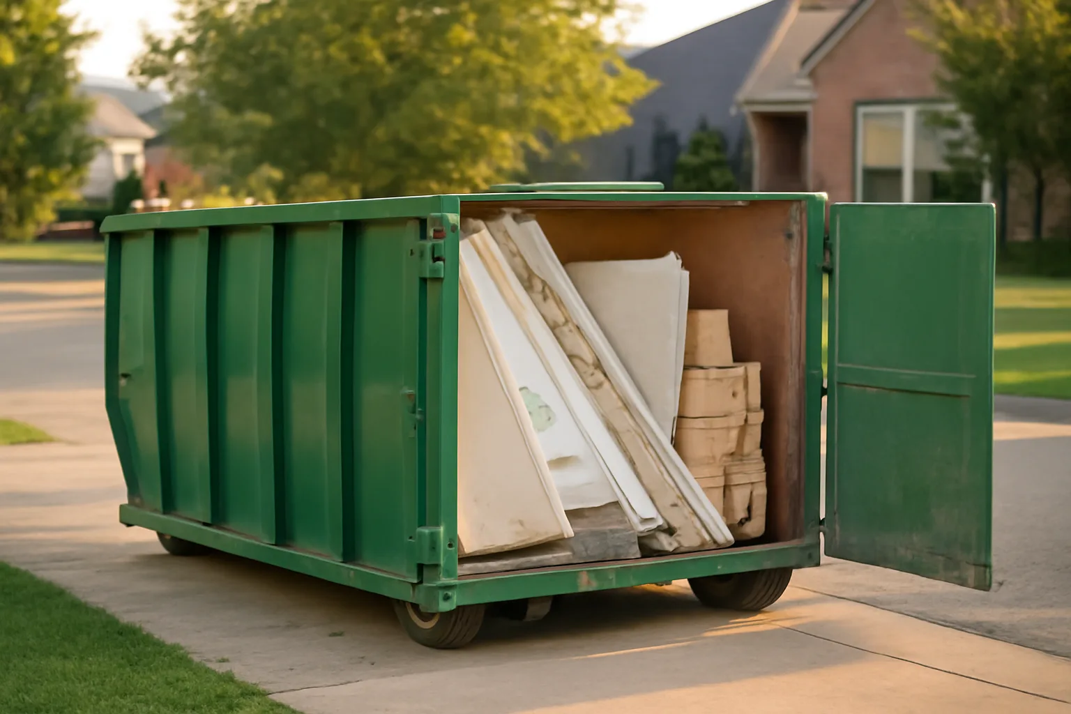 20-yard roll-off dumpster on a driveway in an Alabama neighborhood, construction debris inside