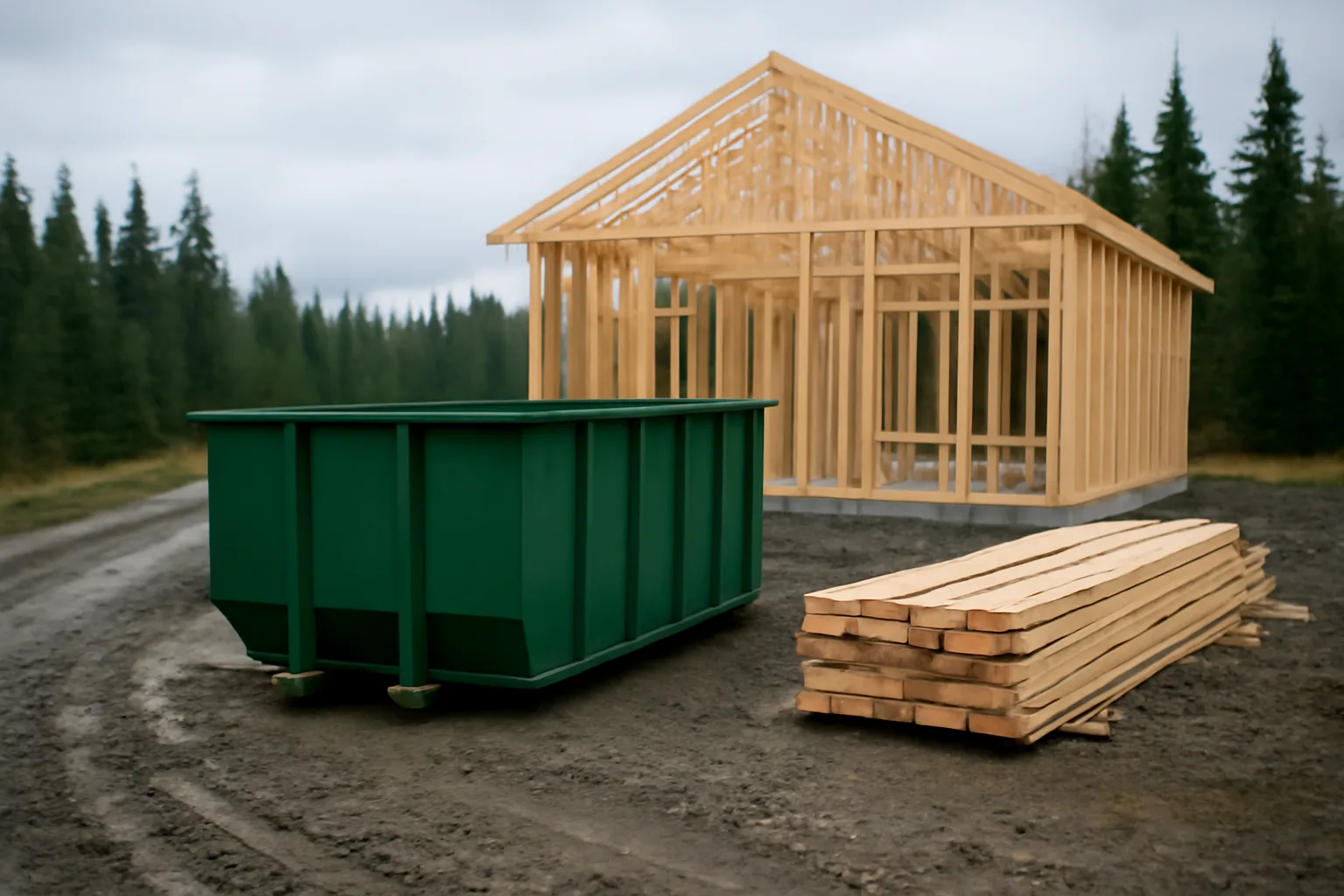 green roll-off dumpster at a cabin construction site in Alaska with spruce trees and mud tracks