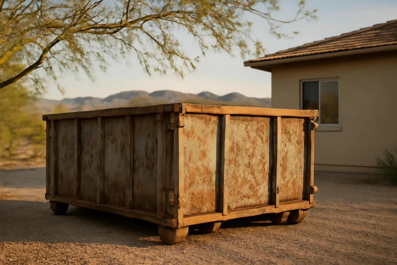 Unlettered roll-off dumpster on gravel beside a Phoenix stucco house