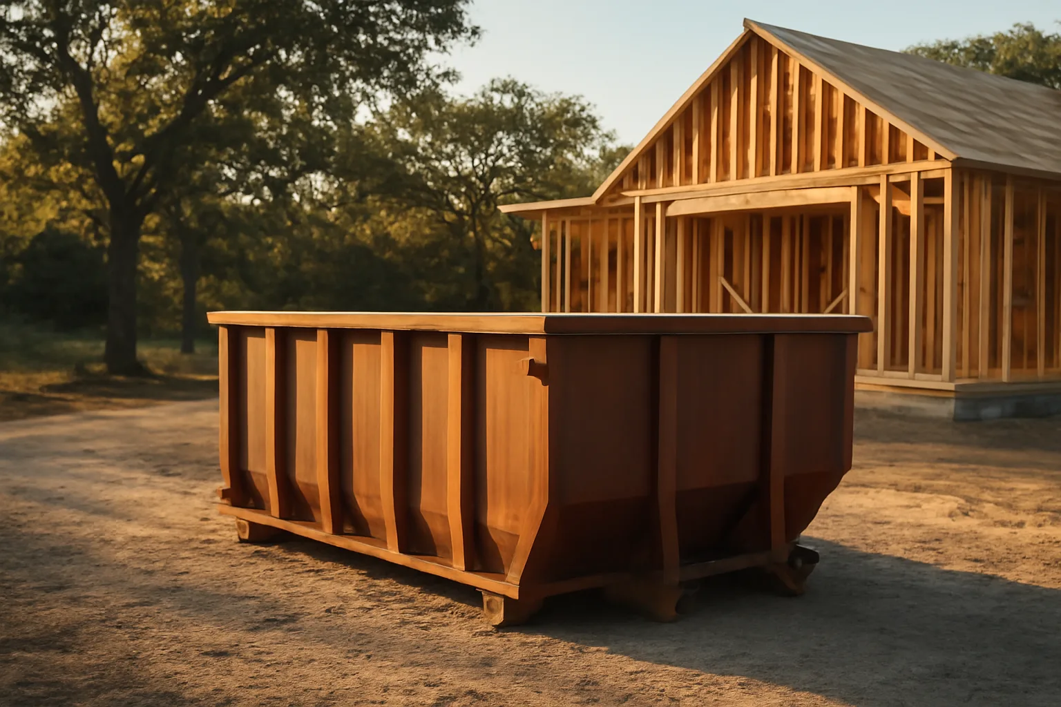 Unbranded roll-off dumpster beside an Arkansas home construction site
