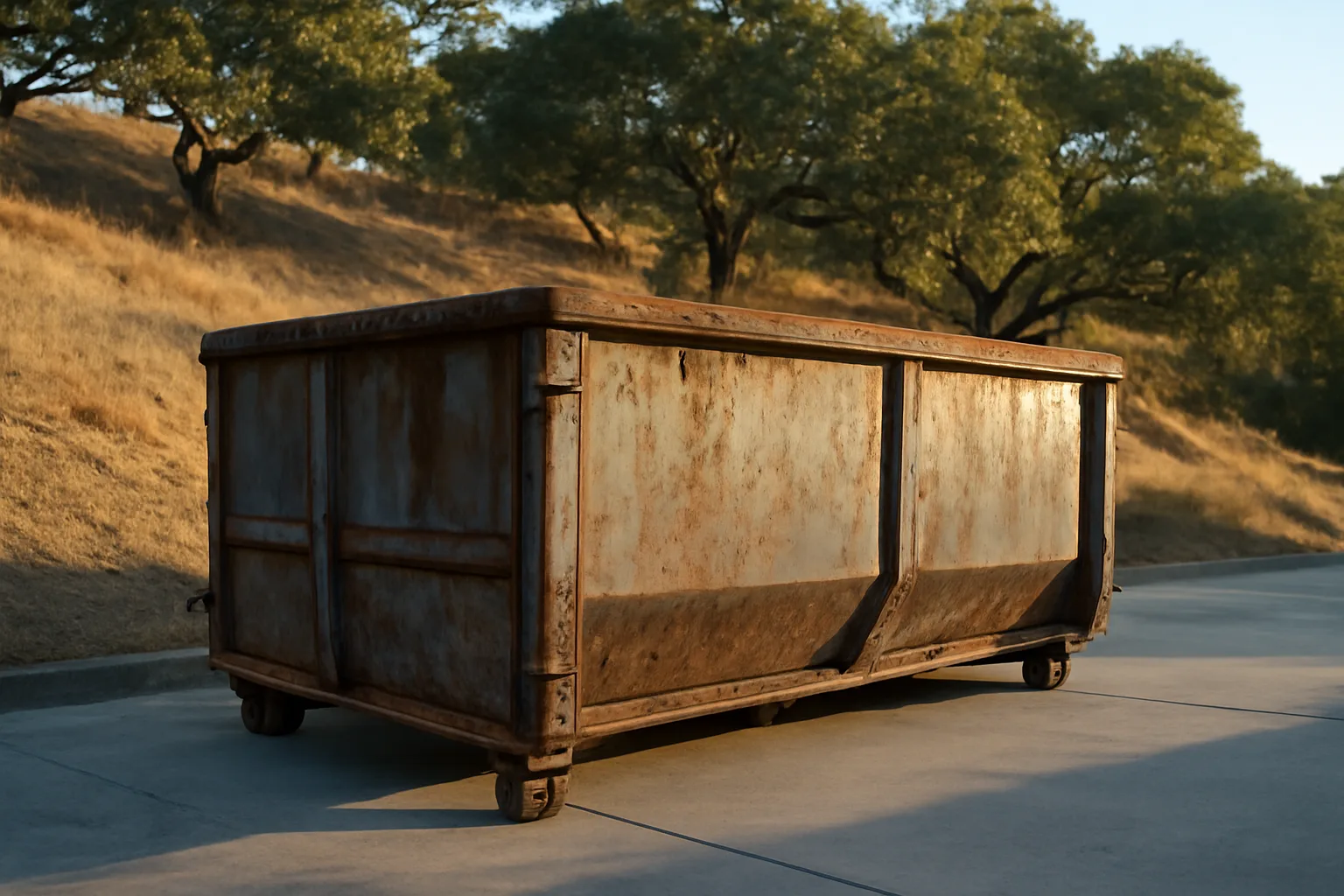 Empty steel roll-off dumpster on a dry California driveway at sunset