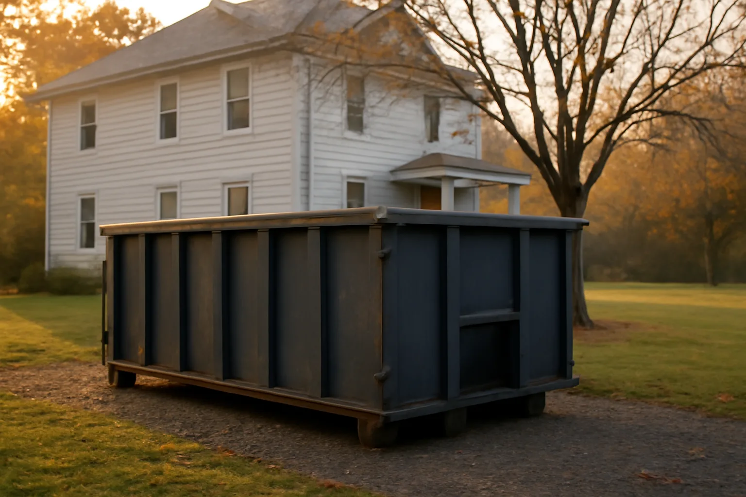 Unmarked roll-off dumpster beside a Delaware house at sunrise