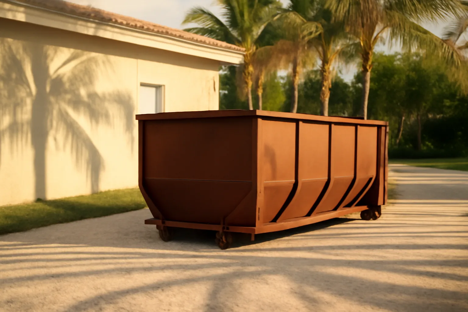 Unlettered roll-off dumpster waiting on a Florida residential driveway