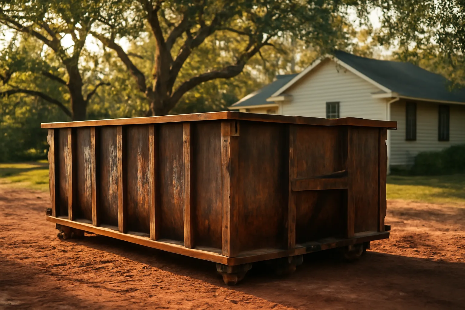 Empty steel roll-off dumpster on red Georgia clay by a house