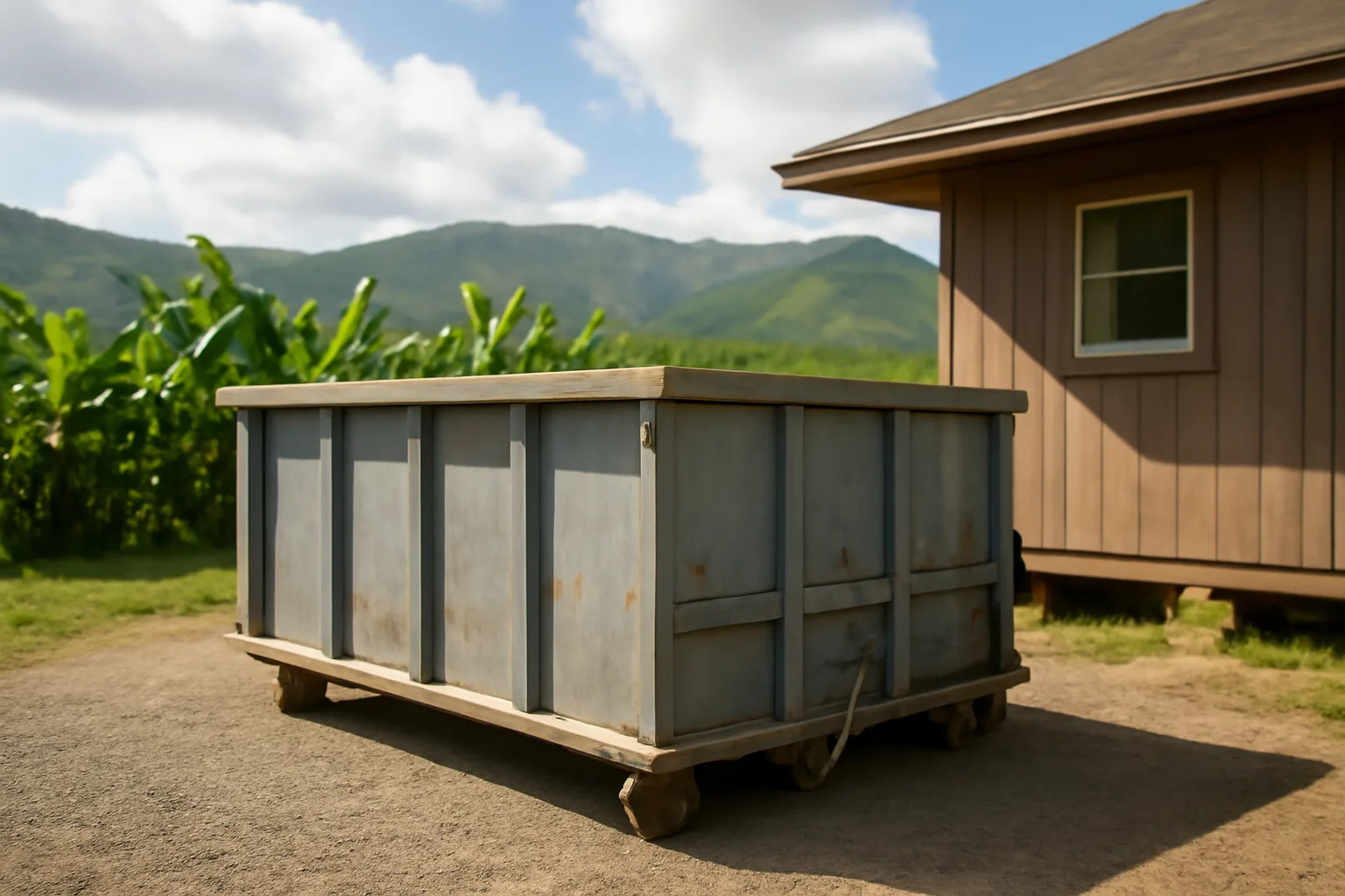 Unbranded roll-off dumpster on a gravel pad in Hawaii