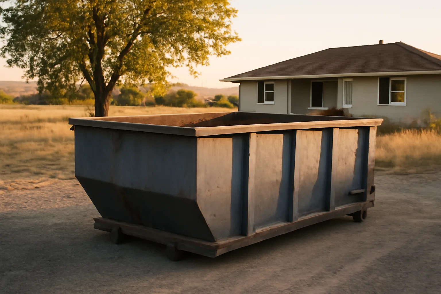 Unmarked steel roll-off dumpster on gravel beside an Idaho house