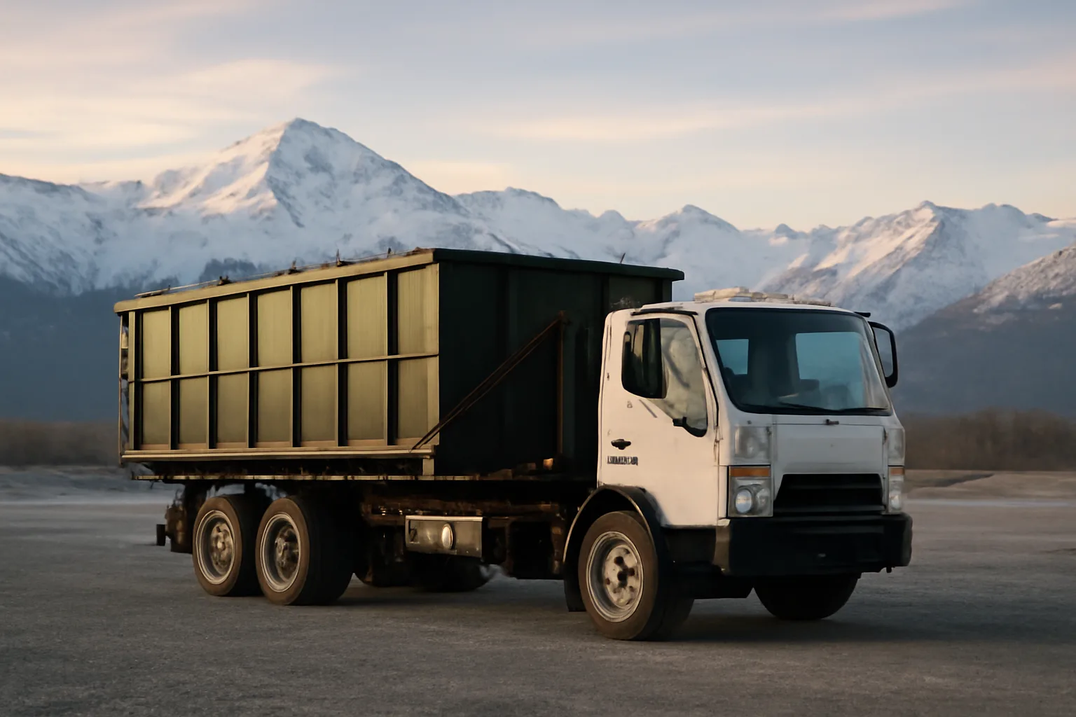 Roll-off dumpster truck on gravel lot with Alaskan mountains behind it