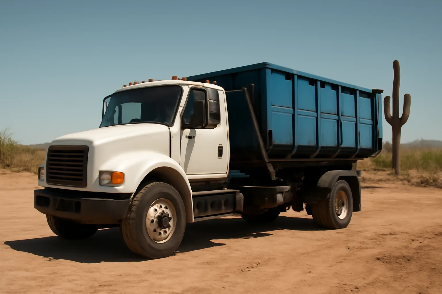 White roll-off truck with empty blue dumpster bin at Arizona construction site