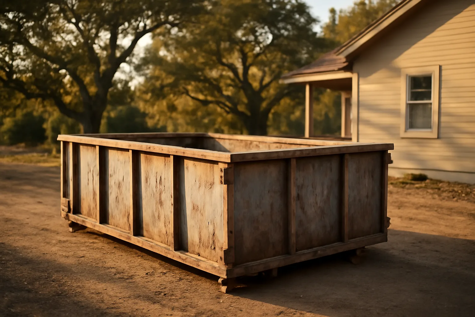 Empty roll-off dumpster beside a house in Arkansas afternoon light