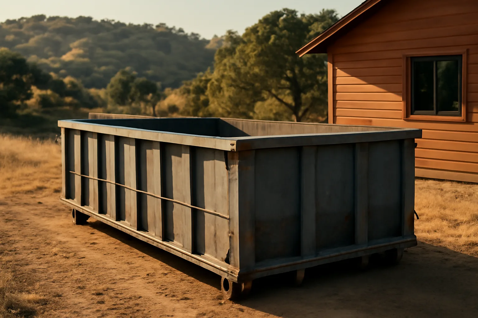 Empty steel roll-off dumpster beside a California house at sunset