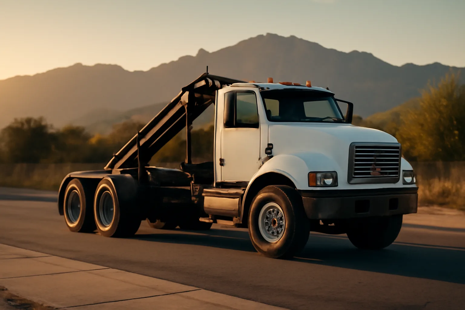 Roll-off truck parked on a Colorado street with mountains in the background