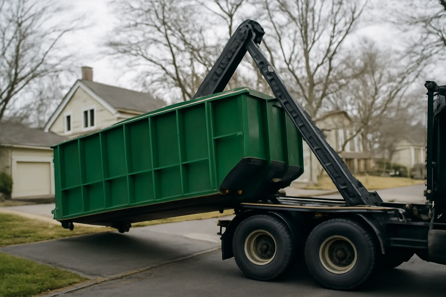 Hook-lift truck placing a roll-off dumpster on a Connecticut residential driveway