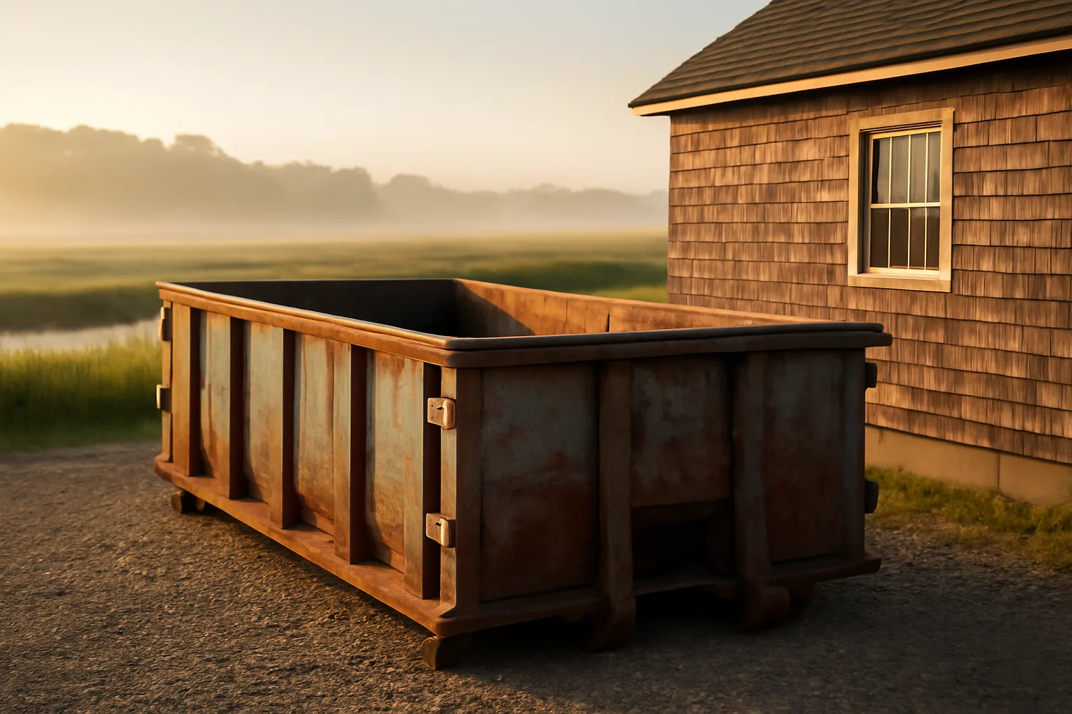 Unmarked roll-off dumpster on gravel near a Delaware outbuilding