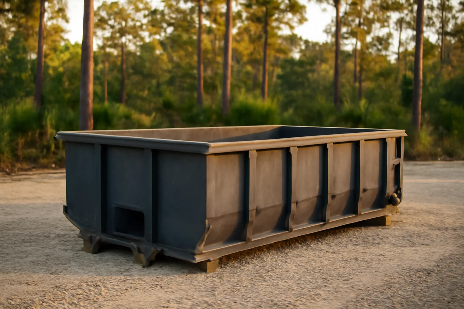 Empty roll-off dumpster on a Florida jobsite in afternoon light