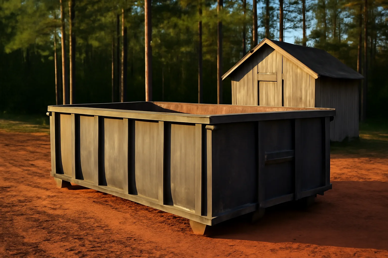 Unmarked steel roll-off dumpster on red clay in rural Georgia