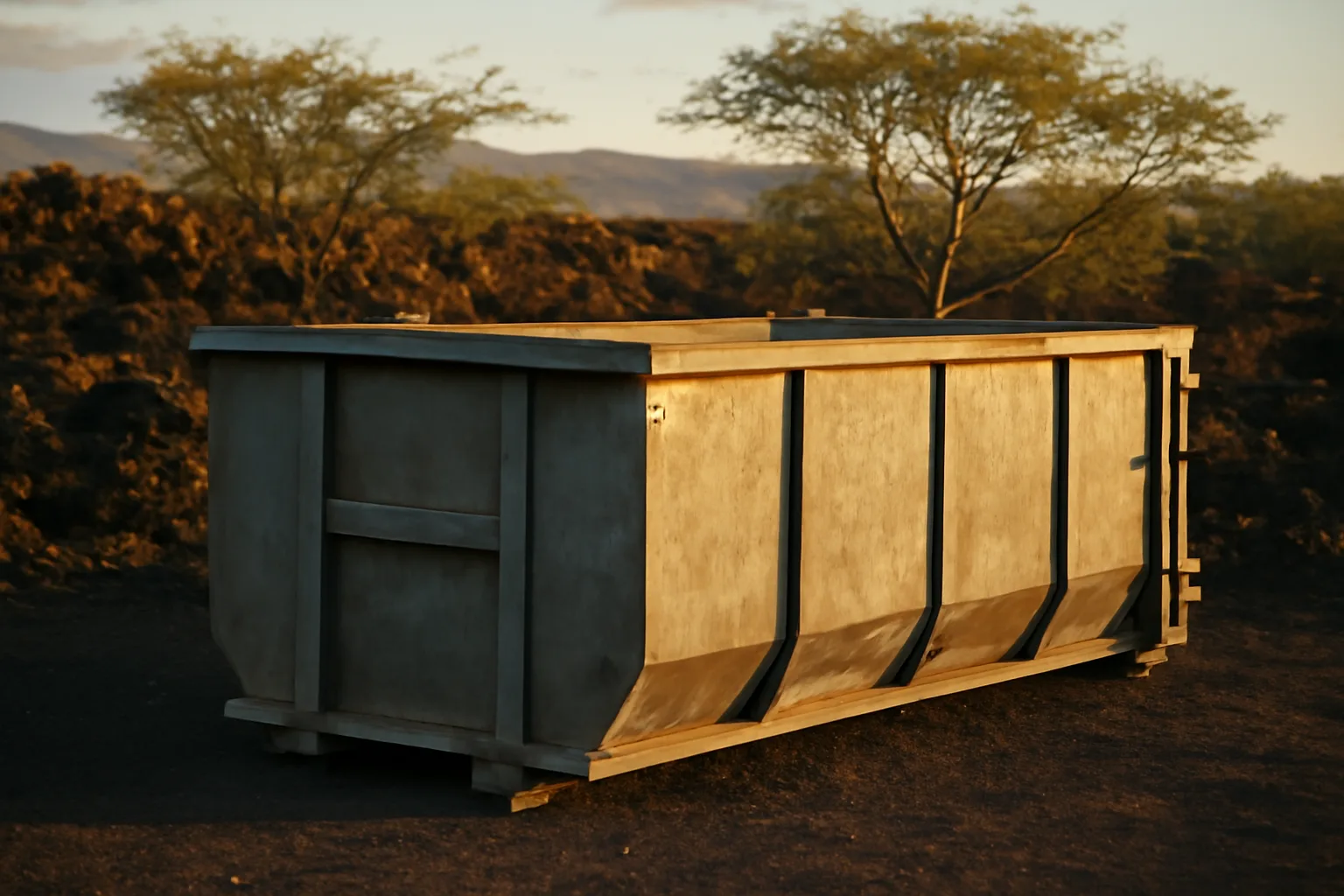 Unbranded roll-off dumpster on gravel in late Hawaii sun