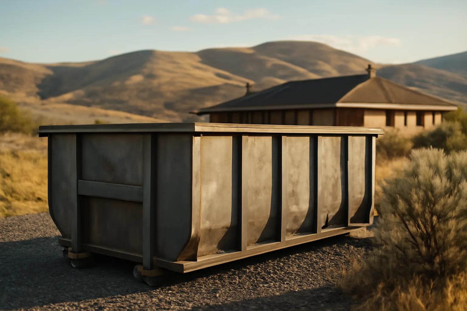 Bare steel roll-off dumpster beside a ranch house in Idaho