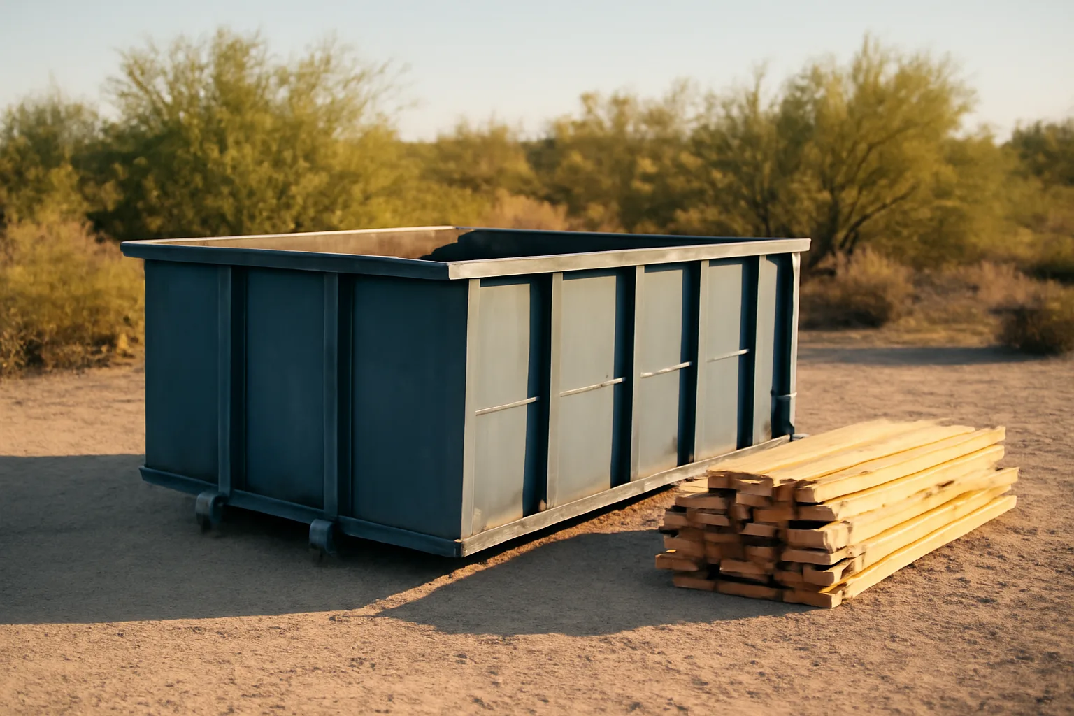 Unbranded steel roll-off dumpster on a Phoenix gravel lot