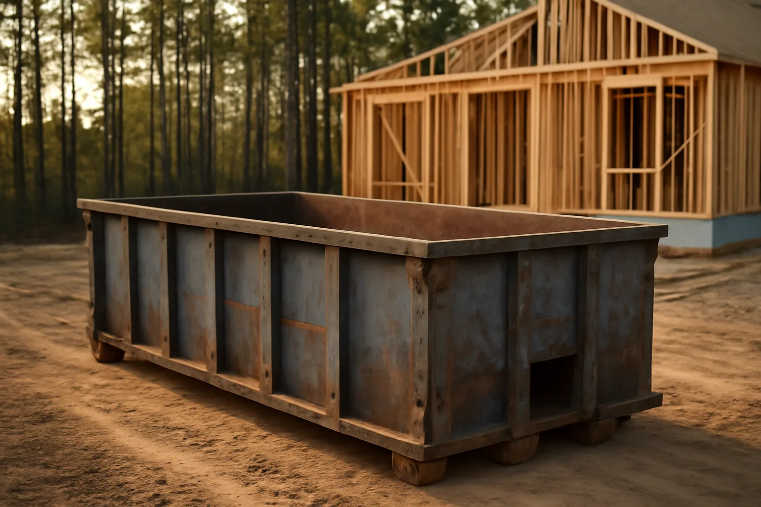 Steel roll-off dumpster at an Arkansas home construction site